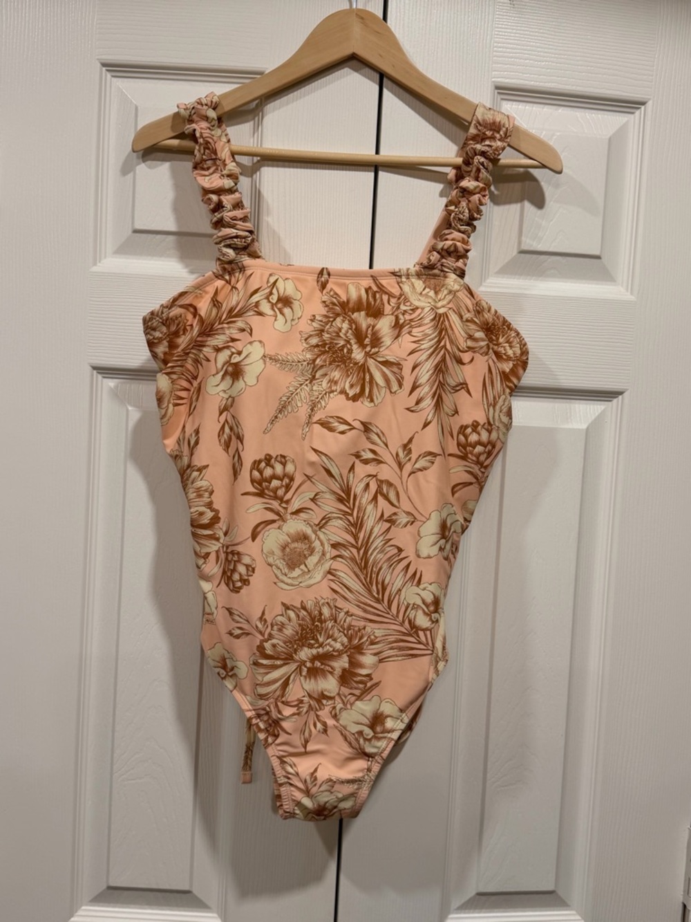 Agua Bendita Pink Brown Floral Ruched leg one piece swimsuit